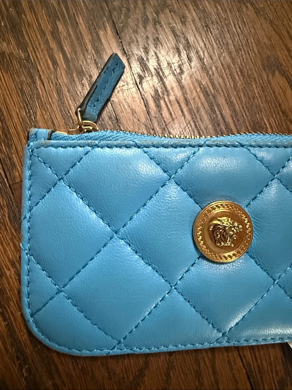 Versace Turquoise Quilted Leather Key & Card Holder with Gold Medallion W/COA